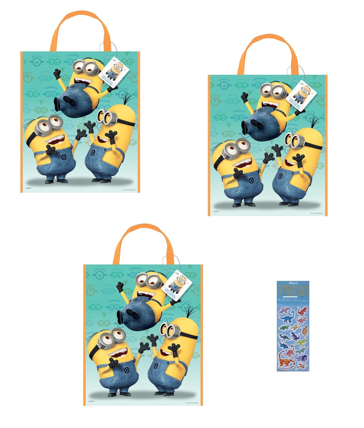 Unique Despicable Me Party Supplies Bundle includes 3 Large Plastic Favor Tote Bags and 1 Dinosaur Sticker Sheet