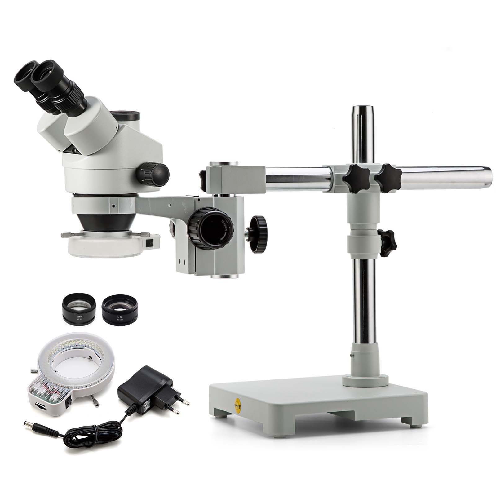 SWIFT S7 3.5X-90X Professionelles Simul-Fokal Trinokular Stereo-Zoom-Mikroskop mit WH10x-Okularen, 0,7 x 4,5 x Objektiv, 144 LED-Ringlicht, einarmiger Galgenständer, inklusive 0,5 x und 2,0 x