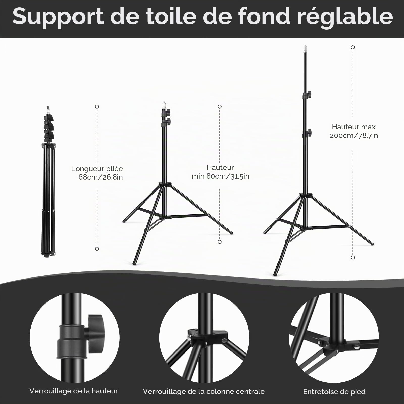 Toile de fond blanche noire avec support, Foccalli 2 en 1 2 x 1,5 m, kit de fond noir et blanc pour Chroma Key Streaming Gaming Photoshoot avec sac de transport et 5 clips