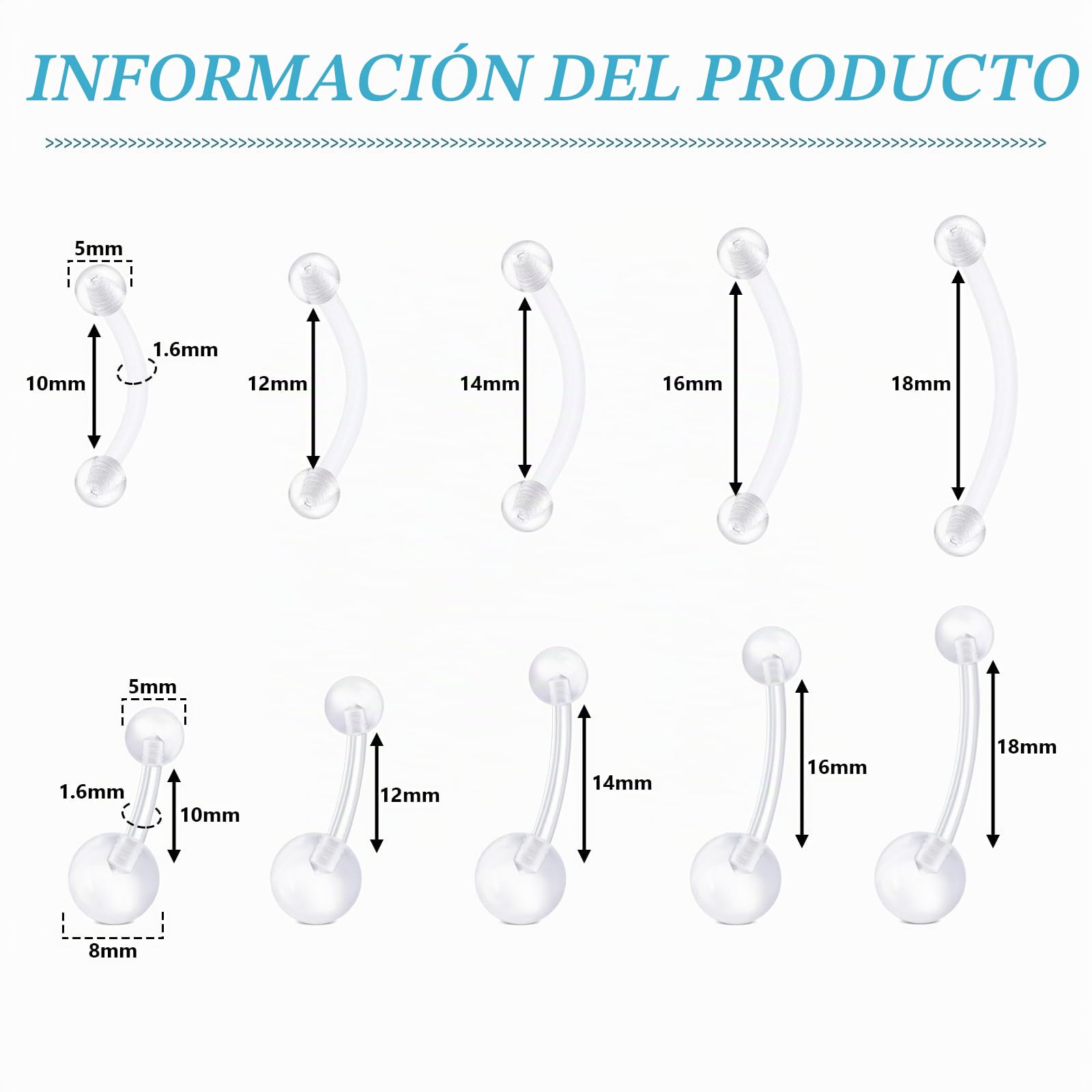 LAURITAMI Piercing transparente para el ombligo, ceja, piercing para el ombligo, anillo para embarazo, curvado, cejas, nariz, labios, cartílago, oreja, kit de joyas