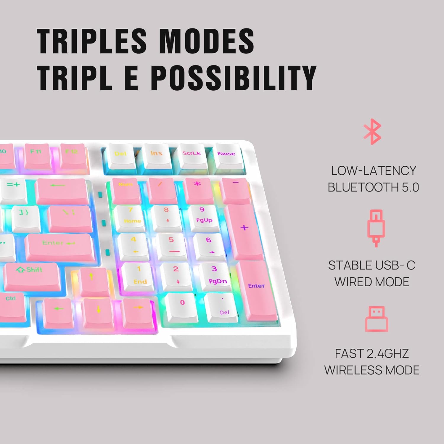 KOLMAX 98-Key RGB Hot-swappable Mechanical Gaming Keyboard, 2.4G Wireless/BT5.0/Wired with PBT Double-Shot Pudding Keycaps White-Pink Gaming Keyboard for Mac & Win Programmable Macro (Pink Switches)