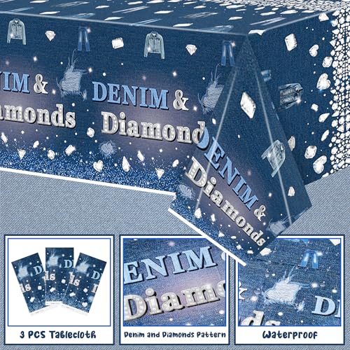 Image of K1tpde Denim & Diamonds Party Tablecloth - 3PCS Denim Themed Blue Jacket Jeans Plastic Tablecloth, Disposable Jeans Tablecover for Adult, Crystal Birthday Party Supplies for Bachelorette Wedding Decor