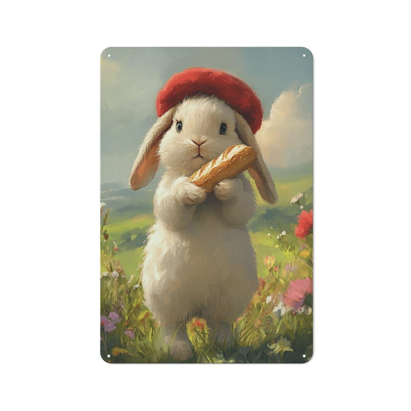 Junmoney Style Tin Wall Plaque 30X20cm With Rabbit Holding Bread For Bar Or Restaurant, Autumn Wall Decor For Hospitality Decor Collectors