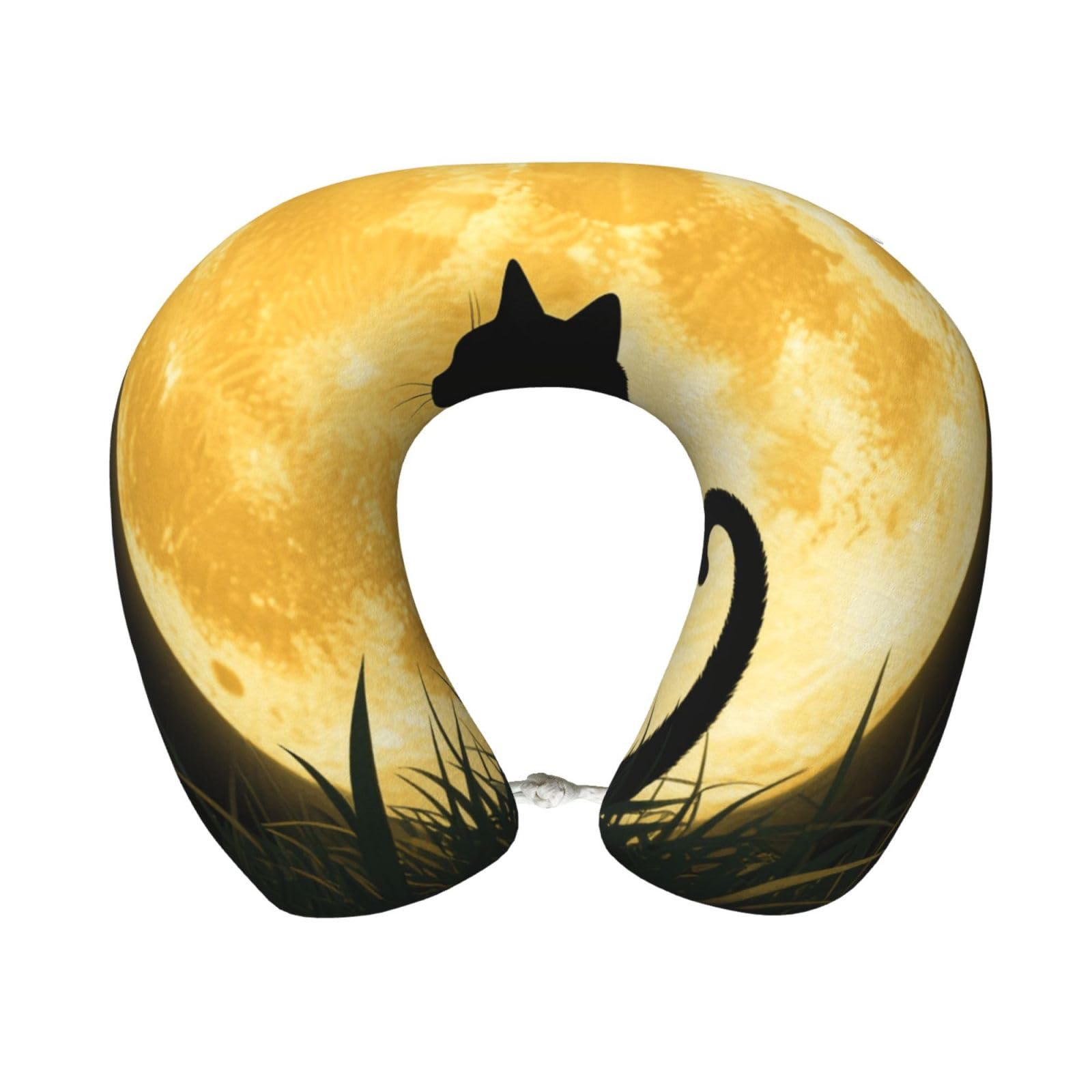 FekiLoot Travel Pillow for Sleeping, Full Moon Cat Sit in Grass Field Travel Neck Pillow Comfortable U Shape Memory Foam Neck Rest Support Portable Travel Accessories Suitable for Airplane Car Office