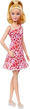 Barbie Fashionistas Doll #205 with Blonde Ponytail Wearing Removable Pink & Red Floral Dress, Platform Sandals & Hoop Earrings