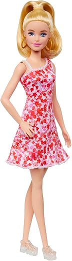 Barbie® Fashionistas™ Doll #205 with Blond Ponytail, Wearing Pink and Red Floral Dress, Platform Sandals and Hoop Earrings