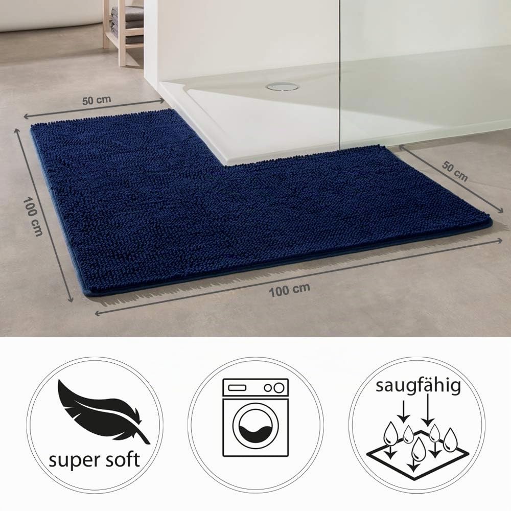 PANA® Chenille Duschvorleger mit Eckausschnitt - 50 x 100 x 100 cm - Blau | Kuschlig weiche Duschmatte - Maschinenwäsche bei 30° - Rutschfeste Unterseite - Trocknergeeignet - L-förmige Badematte