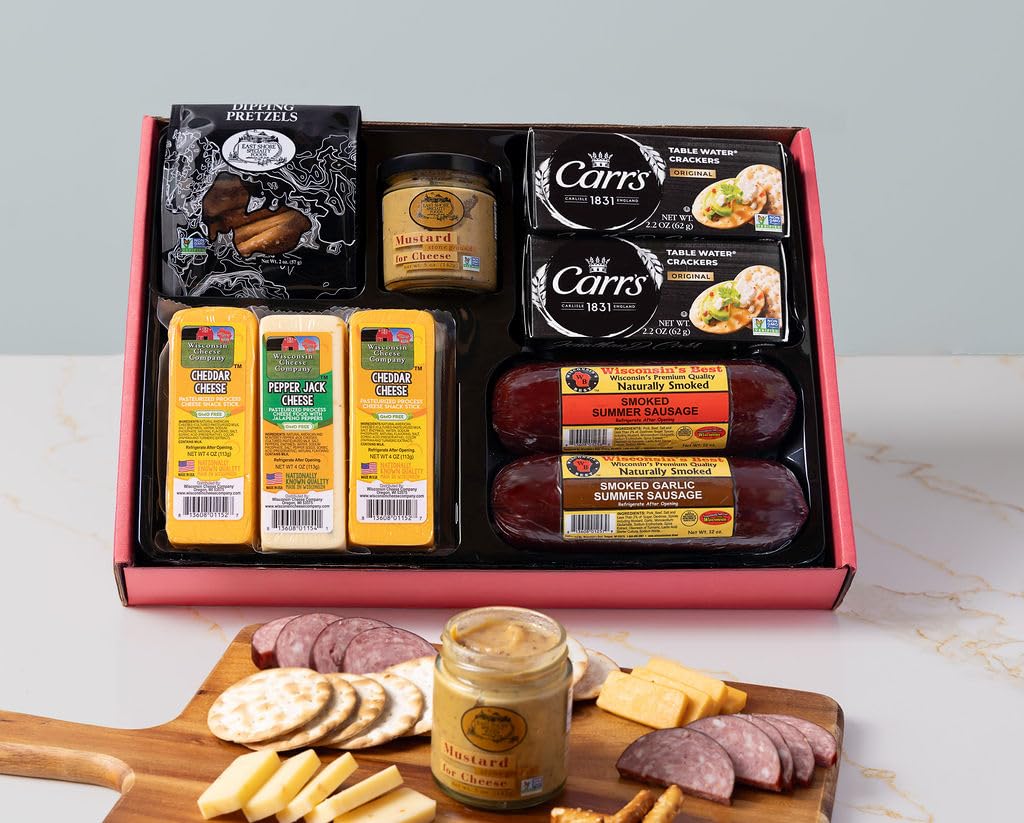 Wisconsin Cheese Company - Grand Cheese & Sausage Gift Box - 100% Wisconsin Cheddar & Pepper Jack Cheese, Sausage, Crackers, Pretzel & Mustard | Perfect for Parties, Charcuterie Boards, and Holiday Gifts