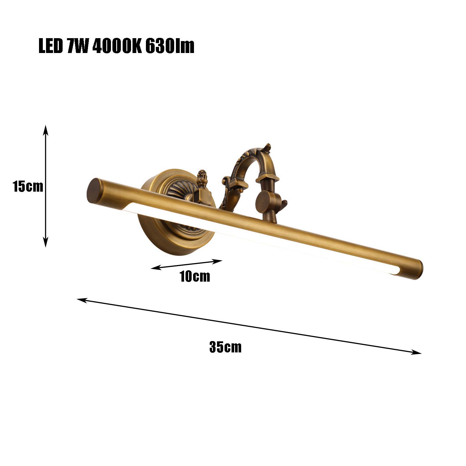 LED-Spiegelleuchte für Bad, LED-Retro-Bildbeleuchtung Messing Wandspiegel Frontlampe, IP44 wasserdicht Make-up-Licht für Spiegel Schminktisch, 180° einstellbar, 4000K, 7W, 35 cm, 630 lm Dekoration