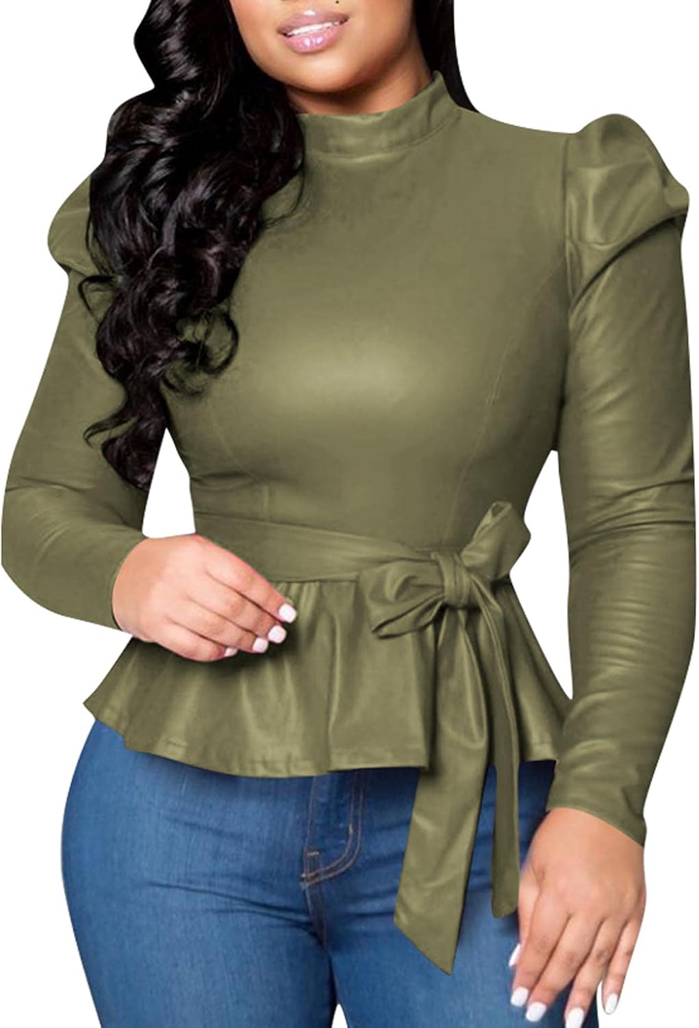 SEMATOMALA Women's Faux Leather Puff Sleeve Self Tie Waist Peplum Top PU Pleather Mock Neck Slim Fit Ruffle Knot Blouse Shirt