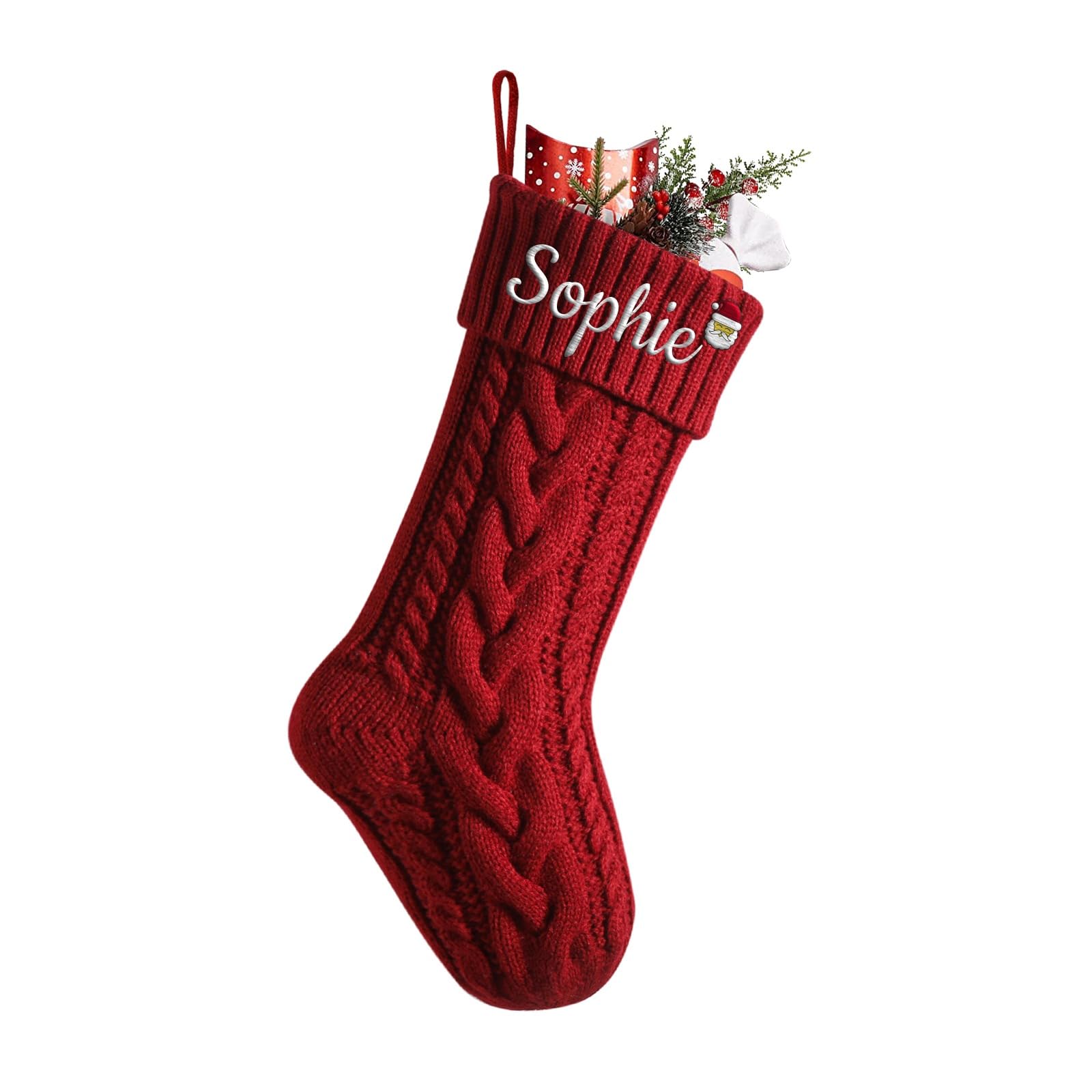 MJARTORIA Personalised Christmas Stockings with Names Initial Embroidered, 18 Inches Large Custom Xmas Stockings, Knitted Stockings for Xmas Gift Decorations (Wine Red)