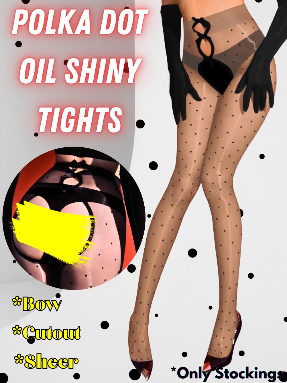 ShawGobow Shimmer Polka Dot Tights,Bow Cut Out Sexy Pantyhose For Women,Sheer Shiny Stockings Valentines Day Fits 00-6: Beige 00-6