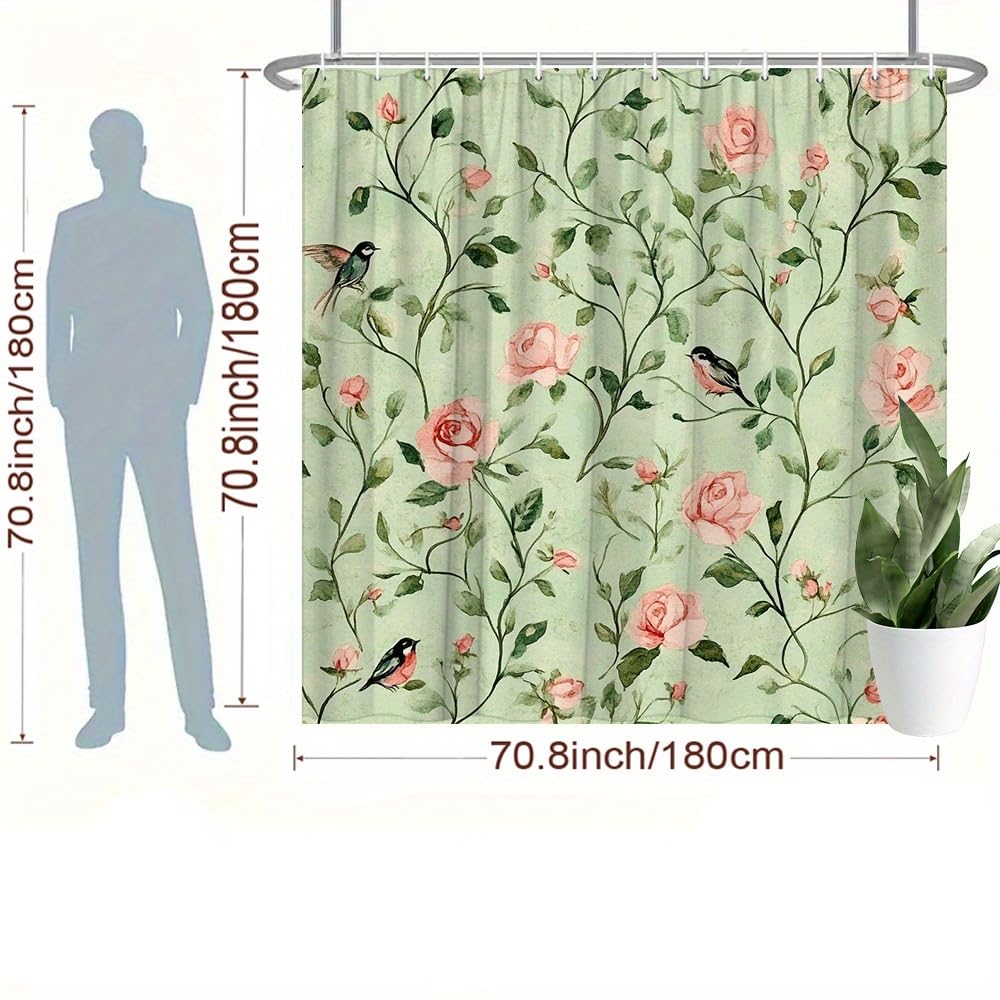 Zasłona prysznicowa z delikatnymi różowymi różami, zielonymi liśćmi, małymi ptakami, dla kapryśnego motywu botanicznego vintage w łazience (138 x 153 cm (szer. x wys.)