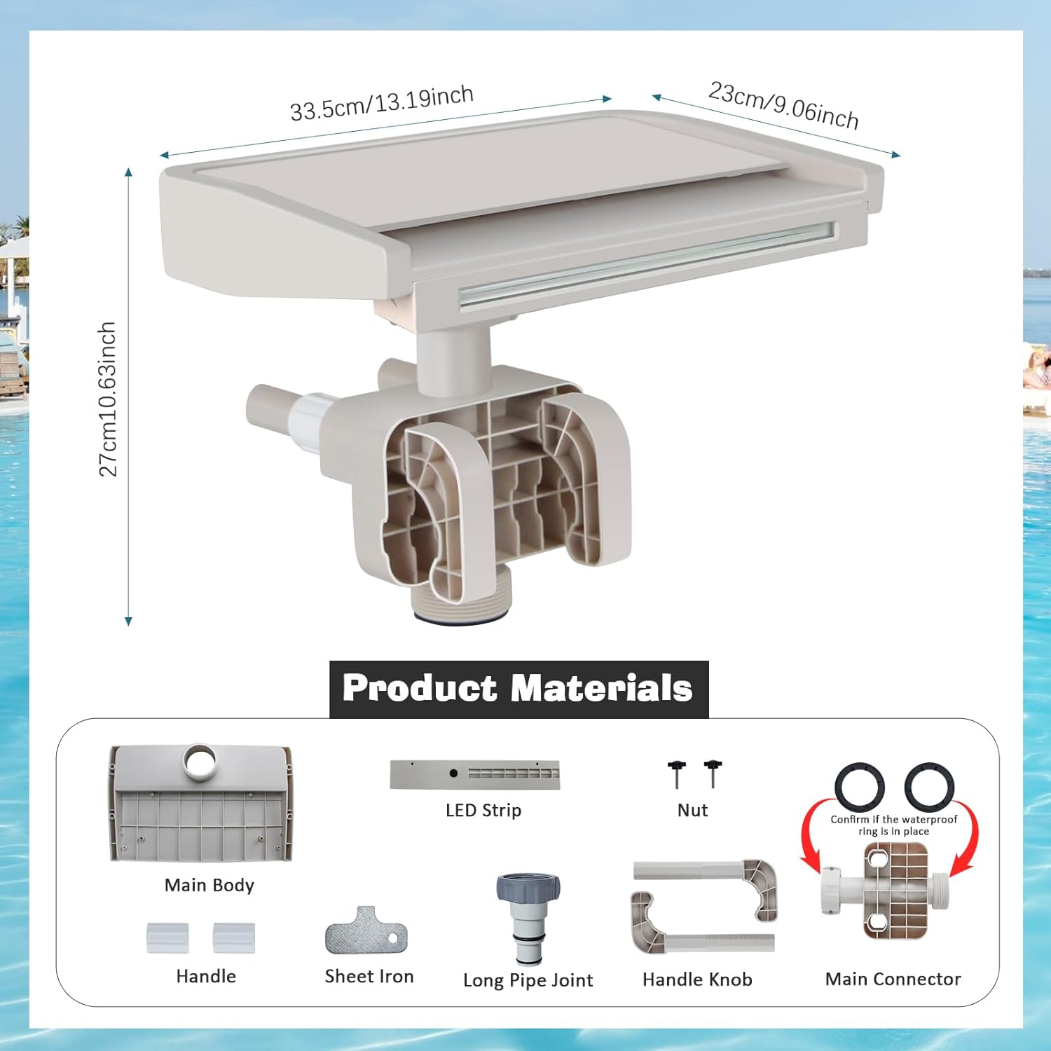 Pool Waterfall Creating Soothing White Noise Sound, Pool Waterfall with Relaxing Sound for Above Ground Pools, Peaceful and Soothing on Hot Days, 7 Colors LED Lights