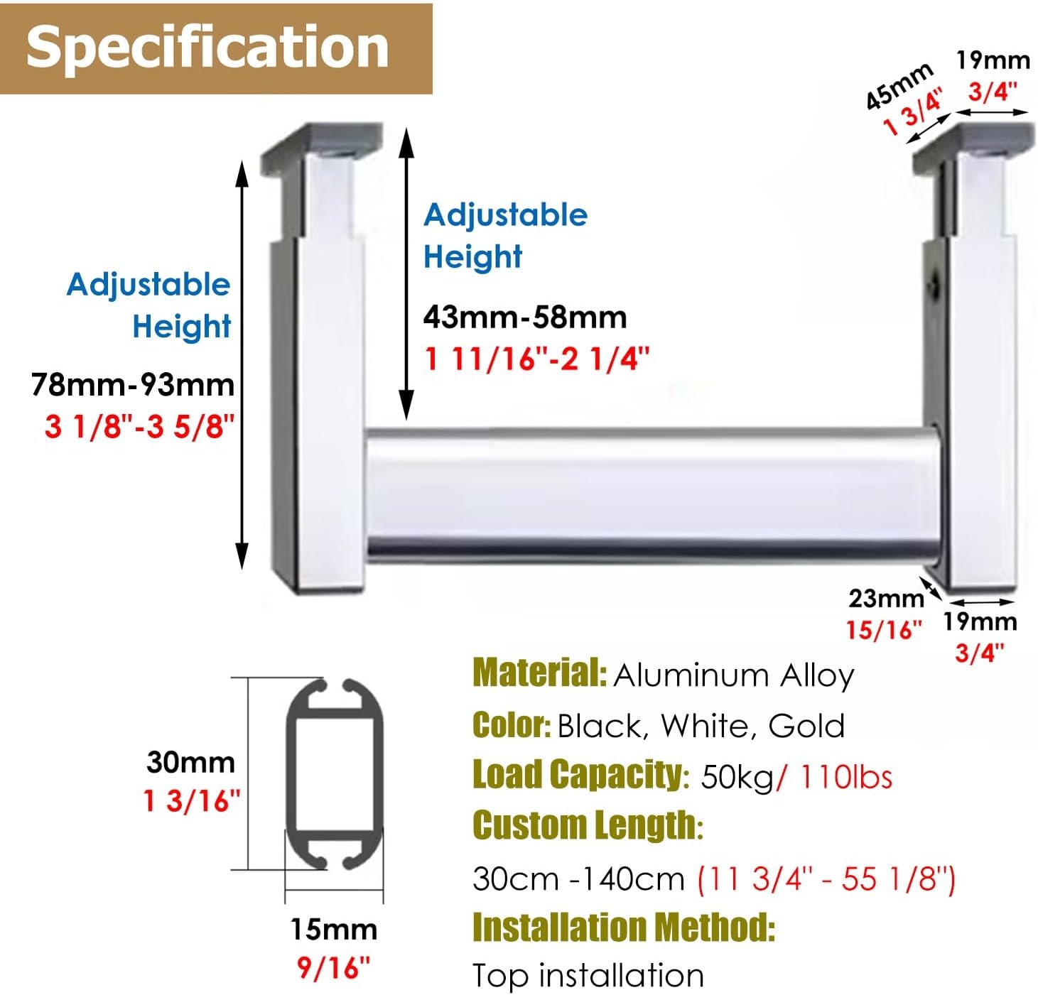 Closet Rods Closet Rod Top Mount Wardrobe Bars for Hanging Clothes,Under Cabinet Hanger(White,70cm(27 1/2") White)