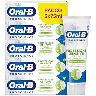 Oral-B DENTIFRICIO Protezione Gengive e Scudo Antibatterico, Dentifricio per GENGIVE, RIDUCE la PLACCA BATTERICA e Aiuta a PREVENIRNE la Ricomparsa, Confezione da 5 Dentifrici (5x75ml), Gusto MENTA