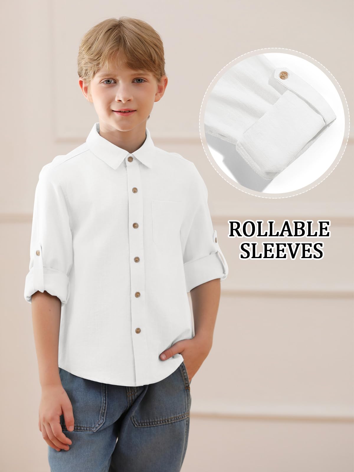 Haloumoning Camicia per bambini in lino con bottoni, a maniche lunghe, con tasca sul petto, 5-14 anni