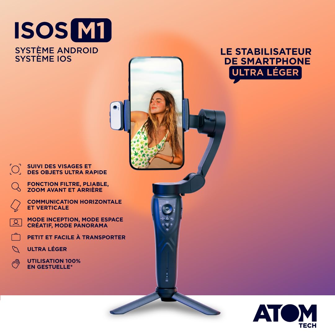 Stabilisateur Smartphone ATOM Isos M1 - Gimbal 3 Axes Avec Tracking IA - Pour Vlog, TikTok, YouTube - Avec Trépied Et Lumière - 12