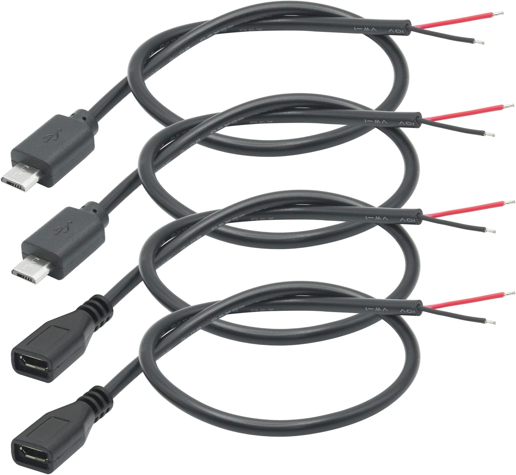 Short Micro USB Male & Female 2 Pin Bare Wire,30cm/11.8in Micro USB to Open End Pigtail Power Cable,Micro USB 22AWG 3A for Micro USB Equipment Installed or Replace Repair DIY Cable(4Pcs)