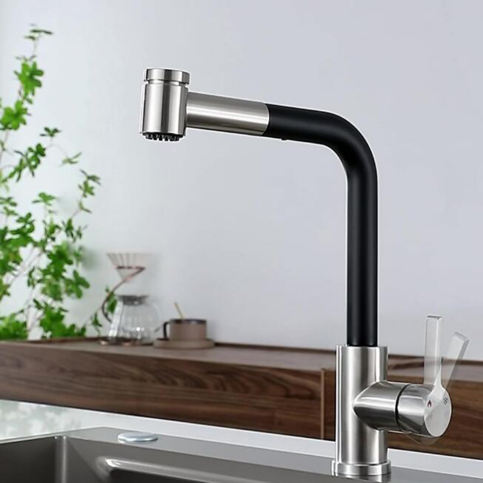 Wyciągana bateria kuchenna - czarna obrotowa bateria ze stali nierdzewnej, nowoczesny design ułatwiający czyszczenie, trwałe i eleganckie akcesoria do zlewu kuchennego