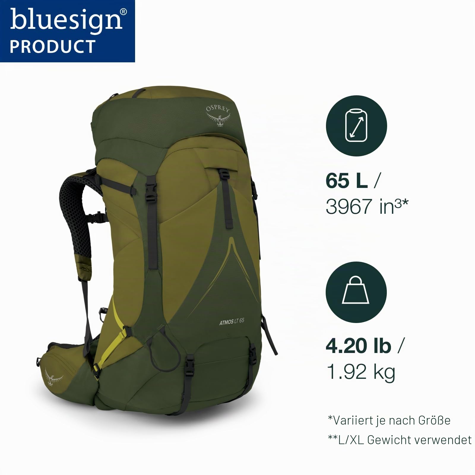 Osprey Atmos AG LT Herren-Trekkingrucksack, 65L Small/Medium, Black