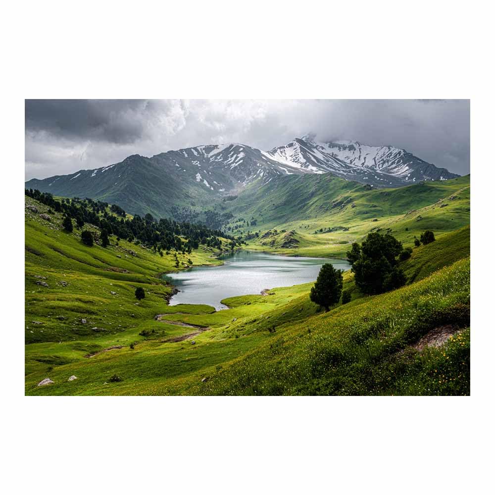 HUYEEI Canvas Print Wall Art Green Lake Valley Modern Nature Landscape Poster, for living room, bedroom,Corridor Office Room Decoretc.(green)-60x80cm Unframed
