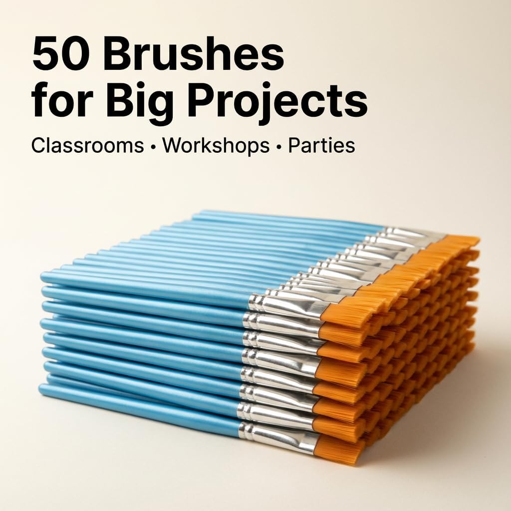 50 Pack 1 Inch Paint Brushes, Acrylic Paint Brushes Bulk, Large Flat Bristle Brush Set for Arts & Crafts, Watercolor, Tempera, Glue, Classroom Projects, Touch-Up, Washable & Reusable