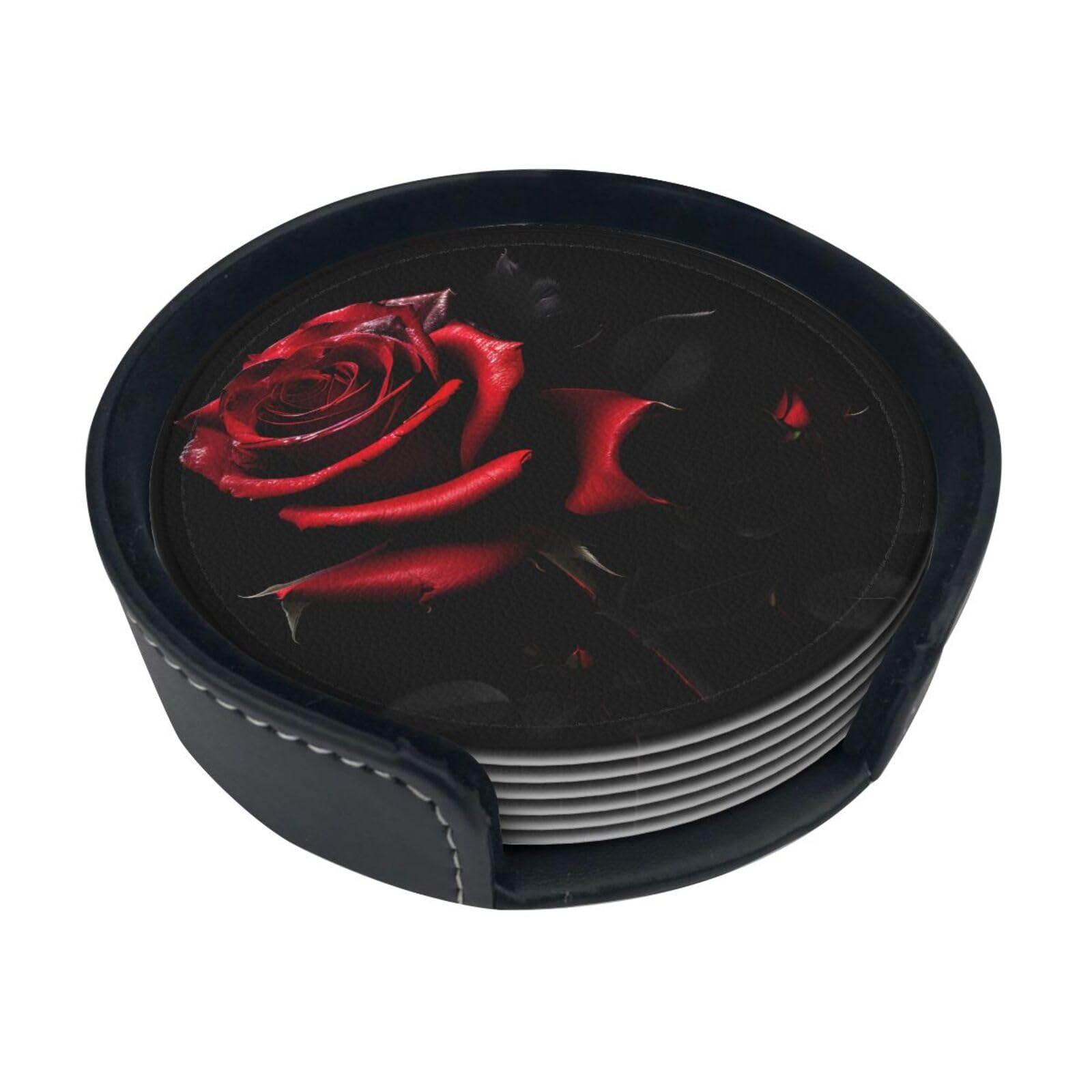 Red And Roses Print Round Coasters Set Of 6,Coaster For Tabletop Protection Home Bar Decor