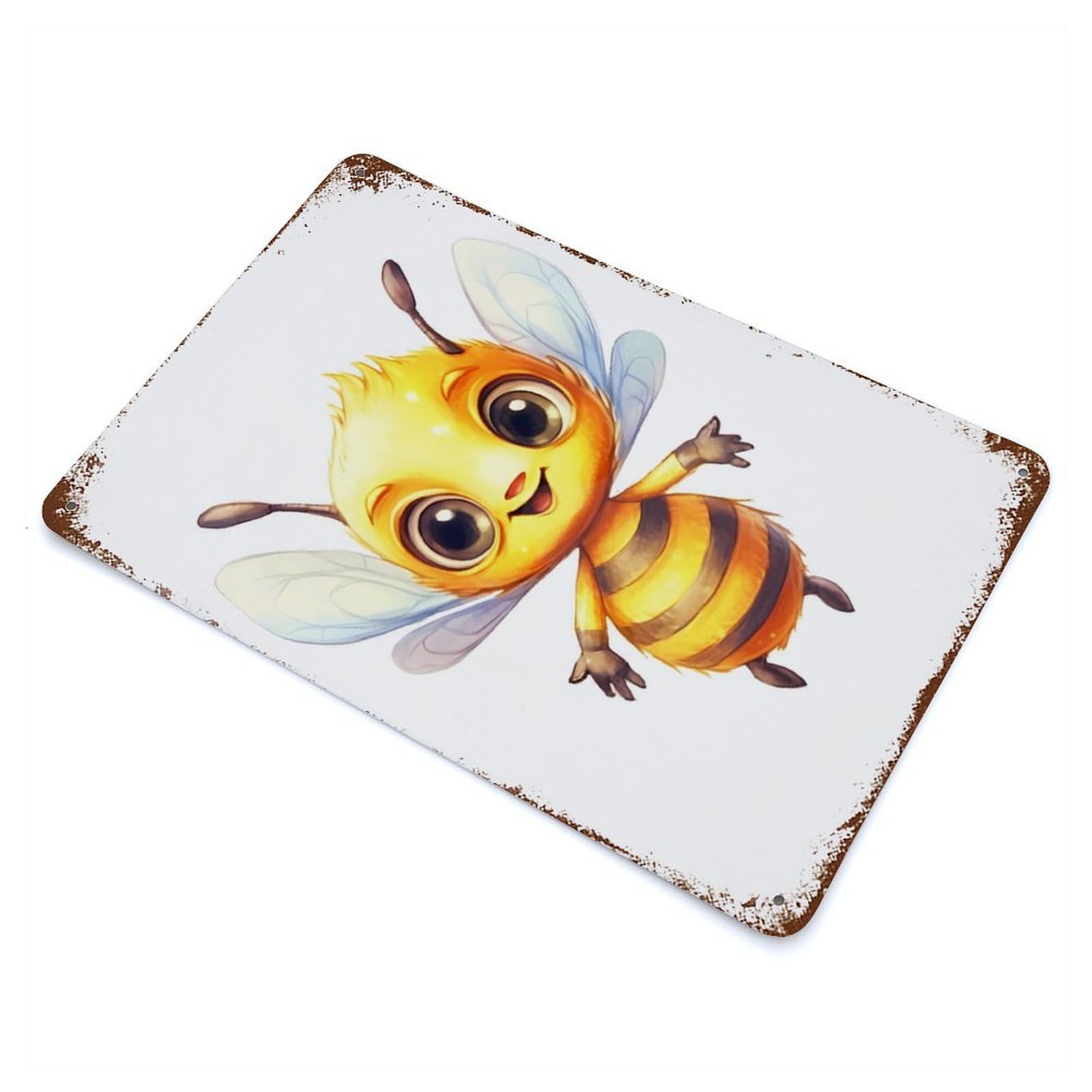 Bee Cute Aged Metal Wall Plaque 11.8"x7.9", Industrial Home Decor for Pub, Kitchen And Man Cave Decor