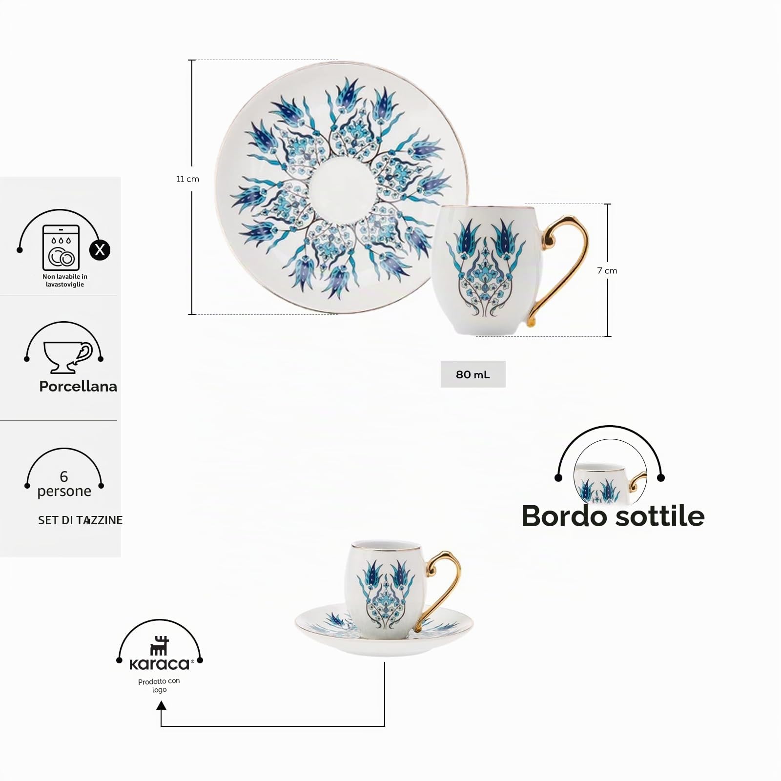 Karaca Iznik Set di 6 tazze da caffè 90 ml, Tazze da caffè 90 ml, completa con schiuma, Fondi di caffè e zucchero, il nostro consiglio per la presentazione, Che è importante almeno quanto il gusto