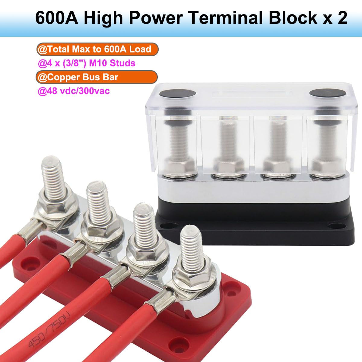 Binari di raccolta in rame 600A Bus Bar, 12V-48V CC Busbar con 4 bulloni M10, blocco di distribuzione dell'alimentazione, batteria resistente per auto, barca marina, camper, colore rosso