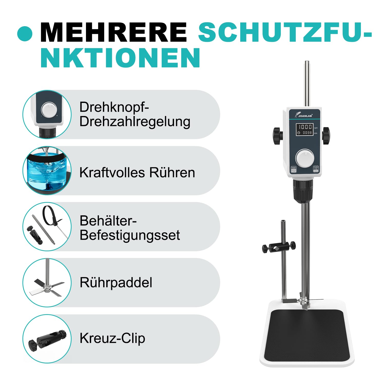 JOANLAB Laborrührwerk Overhead Stirrer, 50W Laborrührer mit Rührblatt & Edelstahl-Ständer, Verstellbare Geschwindigkeit 100-1500 U/min, Timer 1min-24h, für max. 20L & 20000 mPas