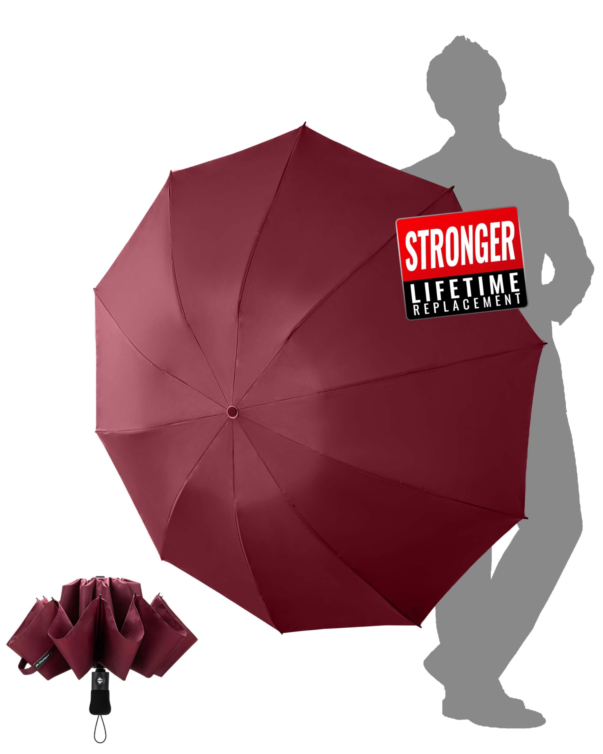 Chakipee Men's Red Travel Windproof Strong Compact Umbrella - 10 Ribs Portable Umbrella For And Wo - Inverted Folding Automatic Umbrellas For Wind And Rain, 210T Fabric 105Cm Span