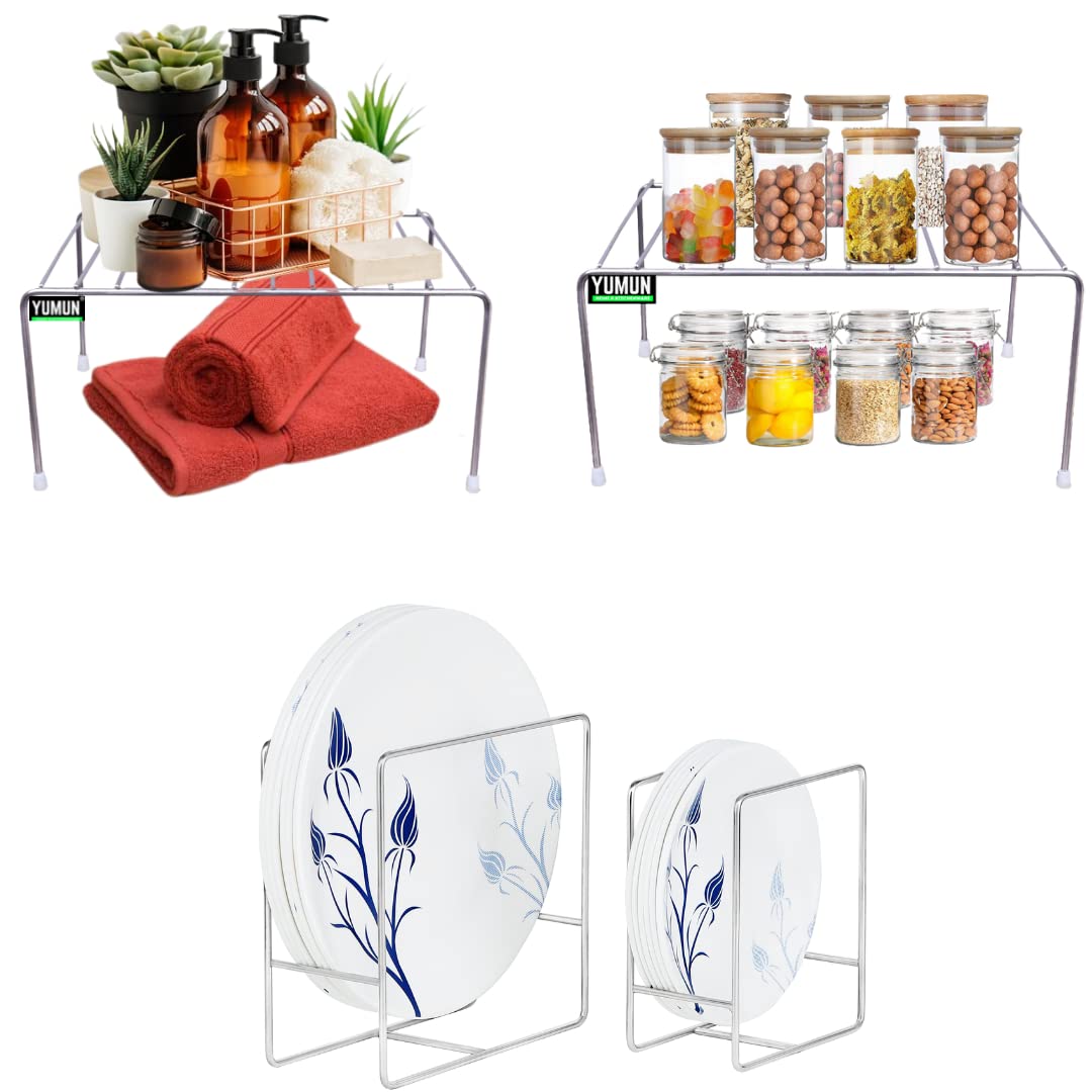 YUMUN 1 Steel Multipurpose Dish Rack/Storage Shelves &1 Set of Plate Rack for Kitchen Cabinets/Plate Stand/Utensil Rack (Chrome-Silver) (3)