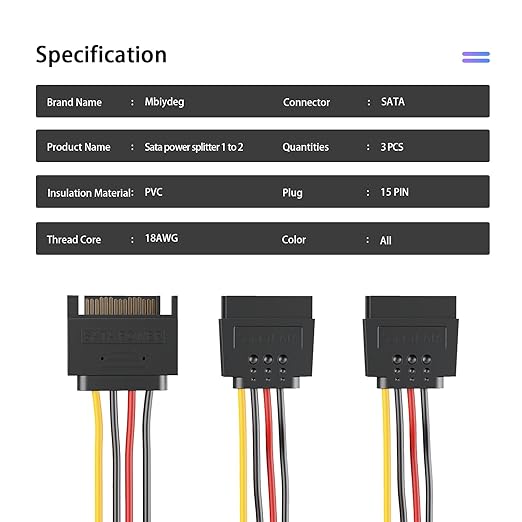 Cable Splitter de Alimentación SATA 15 Pin, 3 Paquetes, 20 cm miniatura 7