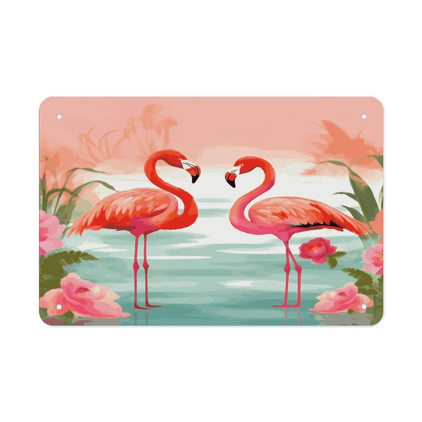 LDGSUPH Two Red Flamingos Metal Tin Sign Wall Art Prints Folded Edge Iron Sheet Painting with Holes for Wall Prints Decorative Picture Metal Signboard Decor Painting Wall Decor
