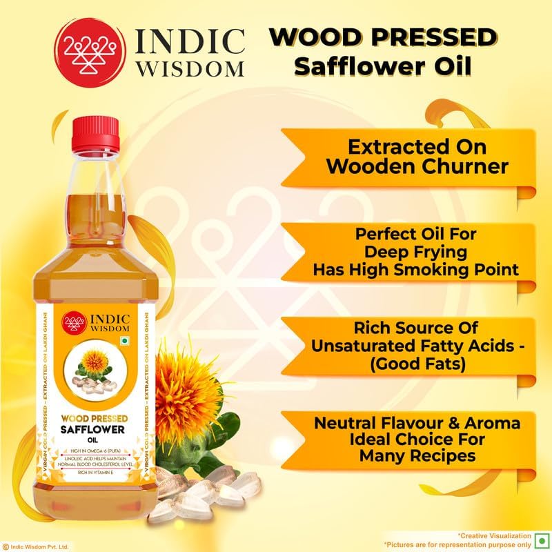Image of IndicWisdom Wood Pressed Safflower Oil 1 Liter (Cold Pressed Safflower Oil - Extracted on Wooden Churner) (Pack of 3)