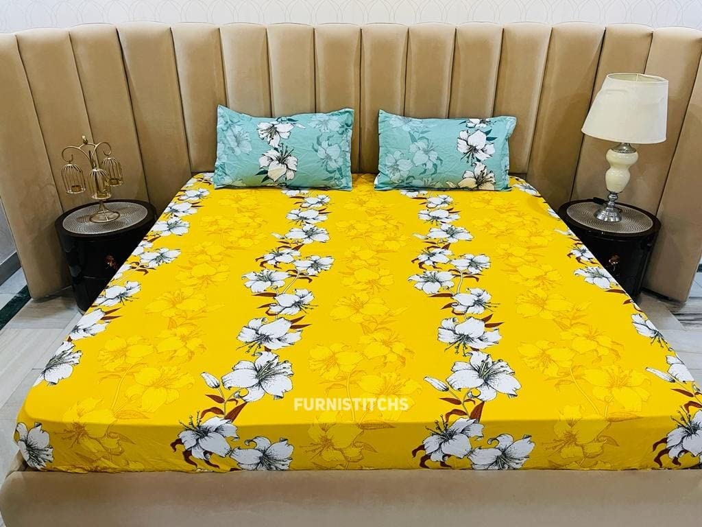 Furnistitchs Premium Double Bed Elastic Fitted Bedsheets with 2 Contrast Pillow Covers, King Size All Around Elastic 72"x78" , Mustard Lilies Contrast