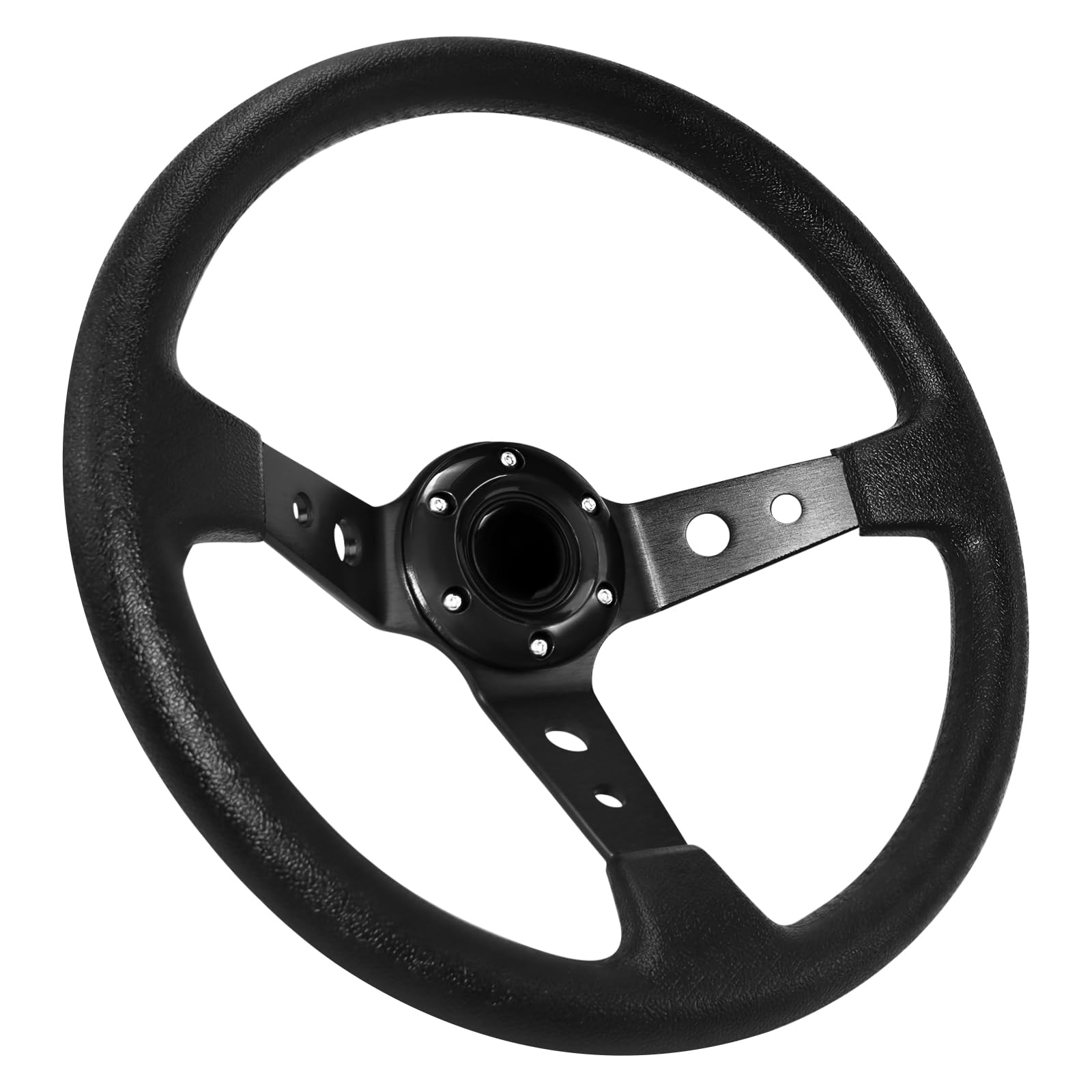 Universal Racing Steering Wheel, Drifting Steering Wheel, 350mm/14in Deep Bottom with Horn Button, 6 Bolt Grip Vinyl Leather for Racing/Rally/Motorsport/Car Sim Driving (Black)