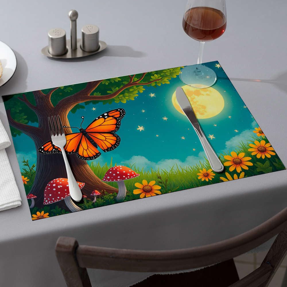 Chemin de table d'été et 6 napperons jaunes au motif papillon poétique