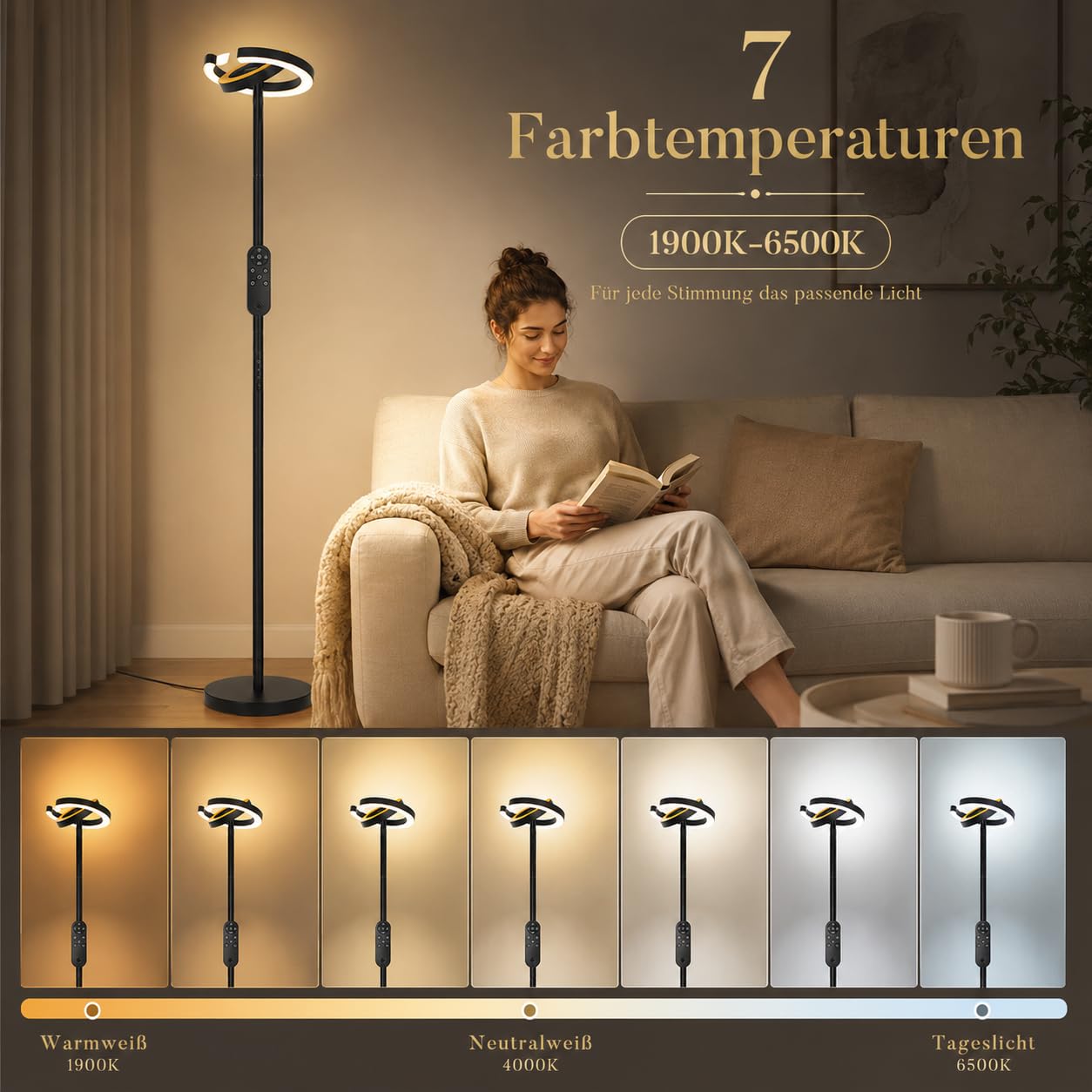 Stehlampe Wohnzimmer LED Dimmbar, 36W Super Hell 2000LM Deckenfluter mit Fernbedienung, 2 Drehbar C-Ring Lampenköpfe, 191cm Moderne Stehleuchte für Schlafzimmer Büro Esszimmer, Schwarz
