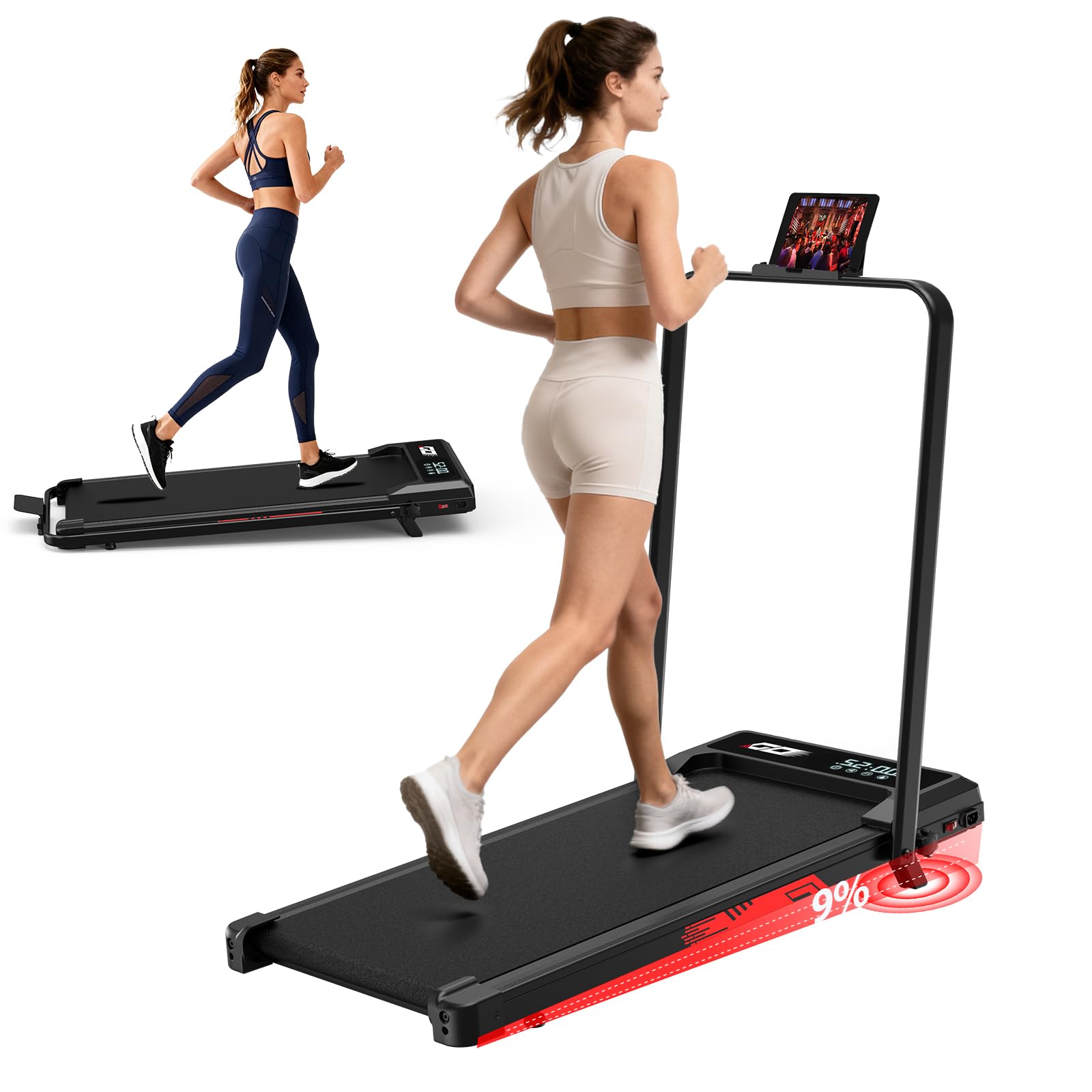 Tapis Roulant Elettrico Pieghevole 3 in 1 con Inclinazione 9%, 1-10 km/h, Motore Brushless Silenzioso 3,0 HP, Portata 140 kg, Display LED, Ammortizzato, Salvaspazio
