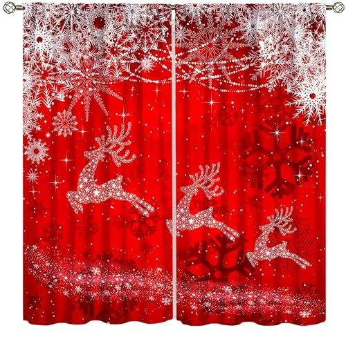 wlsgdsg Christmas Elk Curtains for Kitchen,Cartoon Red Festive Christmas Snowflake Gift Bell Beautiful Deer Window Drapes Print for Boys Girls Bedroom Living Room 42x45in（No Blackout）