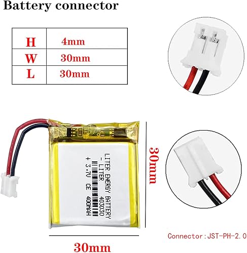 Miniatura 2 de Liter 403030 Lipo batería recargable de polímero de litio de 3,7 V 400 mAh con conector JST de 0.079 in