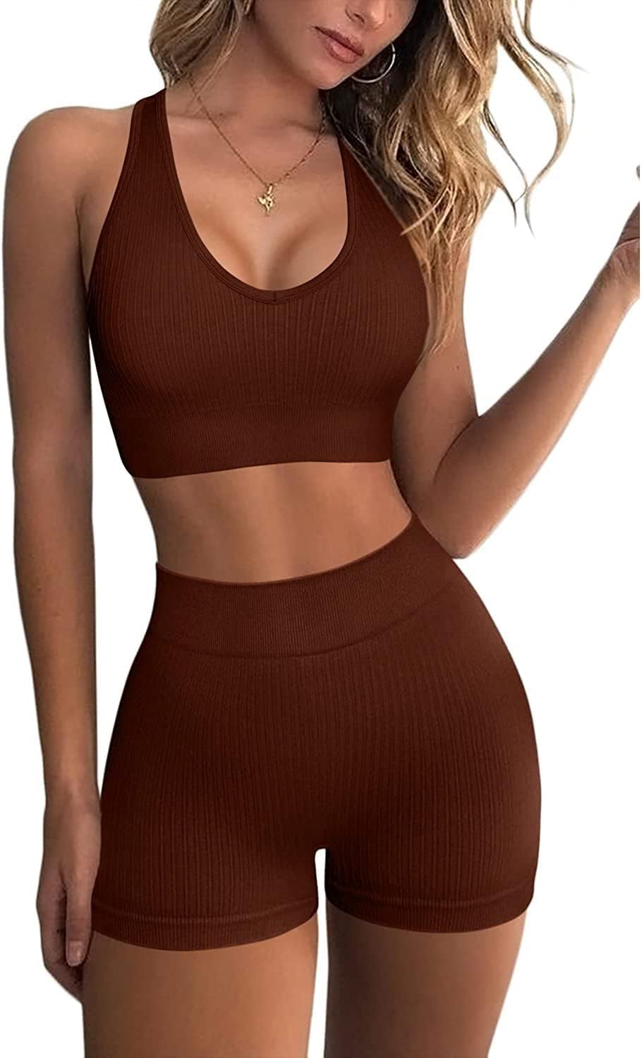 SOCANA Workout Sets for Women 2 Piece Outfits Gym Yoga Clothing Ribbed Tank Crop Tops Seamless High Waist Booty Biker Shorts