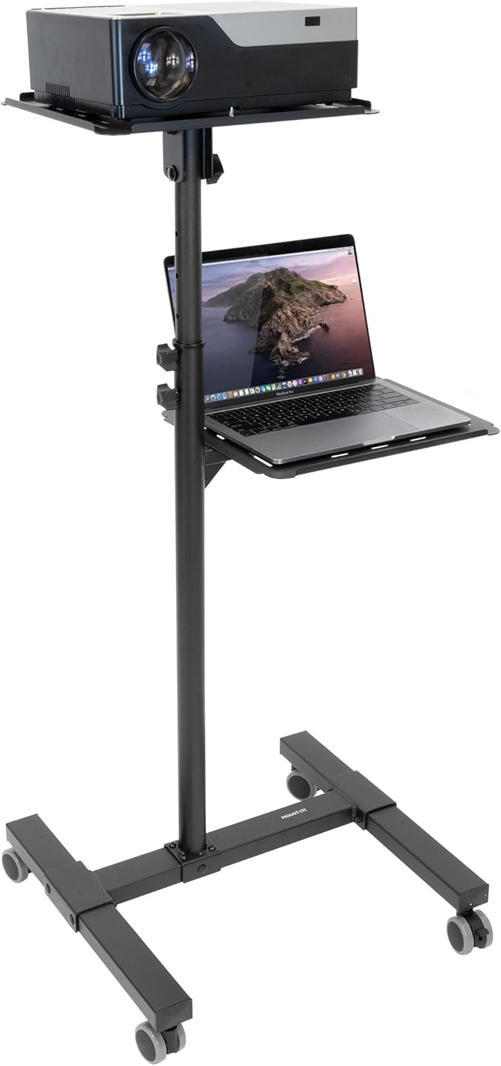 Mount-It! Mobile Projector and Laptop Stand (2 Shelves), Rolling Cart with Ventilated Tray, Heavy Duty, Height Adjustable Laptop and Projector Presentation Trolley, Black
