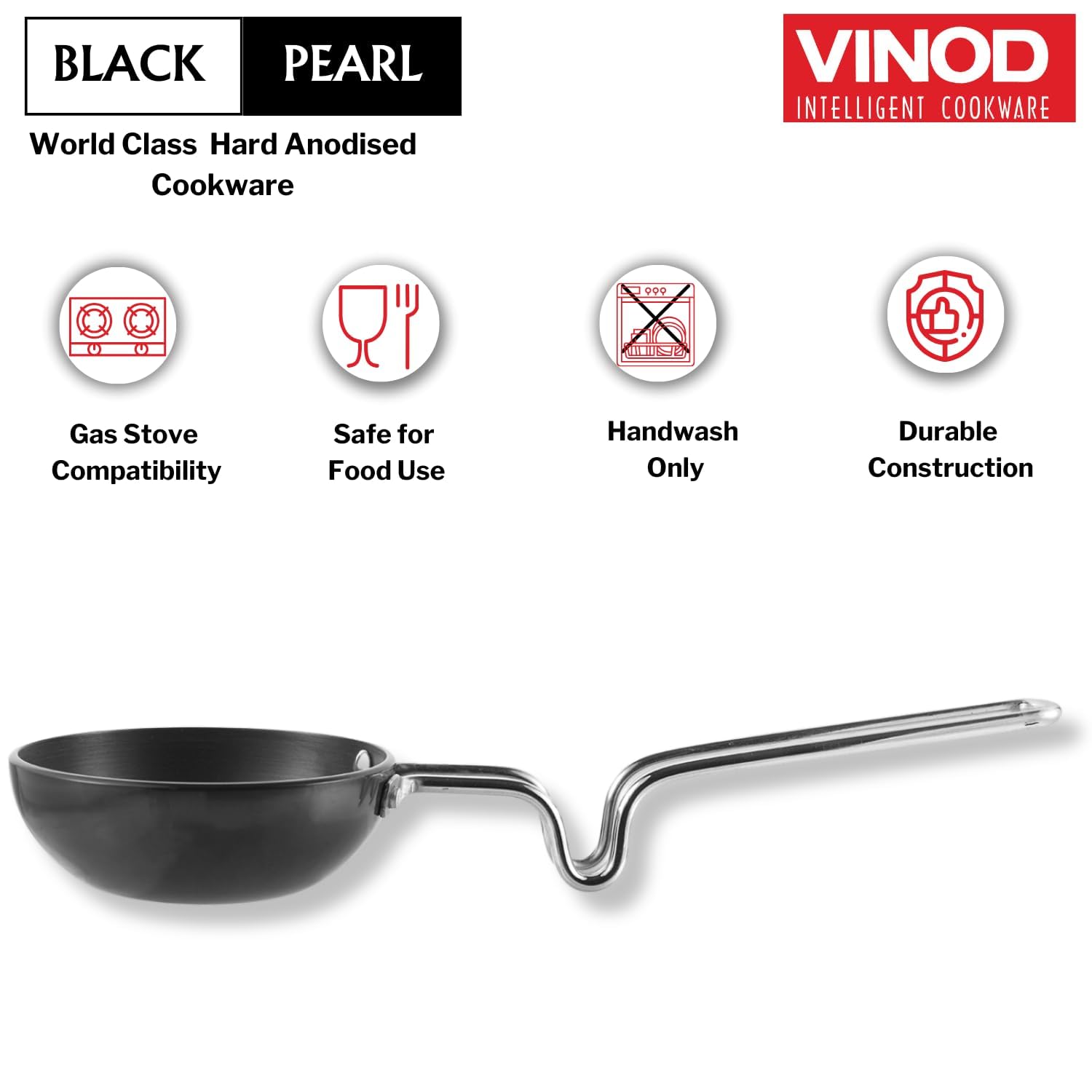 Vinod Black Pearl Hard Anodised Tadka Pan - Jumbo | 3.25mm Thickness | Natural Stick Resistant | Metal Spoon Friendly | Balance Design Handle | 2 Year Warranty - Black - Image 5 thumbnail