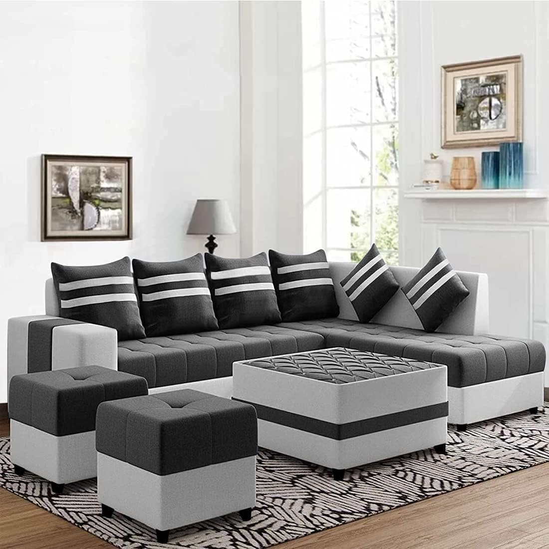 CASASTYLE Stylio 8 Seater Fabric RHS L Shape Sofa Set with 1 Centre Table & 2 Puffy (Dark Grey-Light Grey) (B0CK9Q9LCX) Amazon Price History, Amazon Price Tracker
