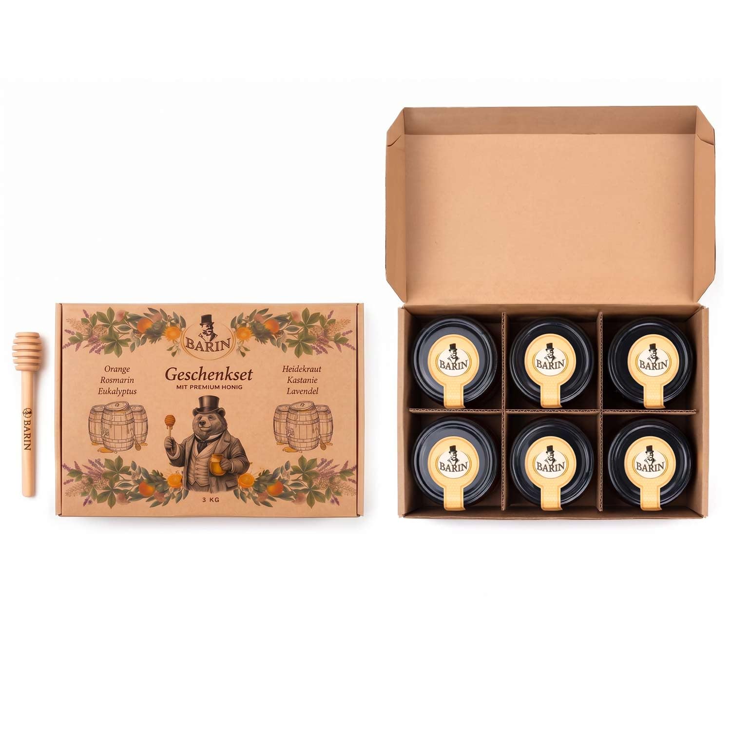 BARIN Honig Geschenkset – 6 Sorten Premium Sortenhonig aus Portugal (6×500 g), Probierset im Geschenkkarton mit Holz-Honiglöffel, Orangen-, Eukalyptus-, Kastanien-, Heide-, Lavendel- &