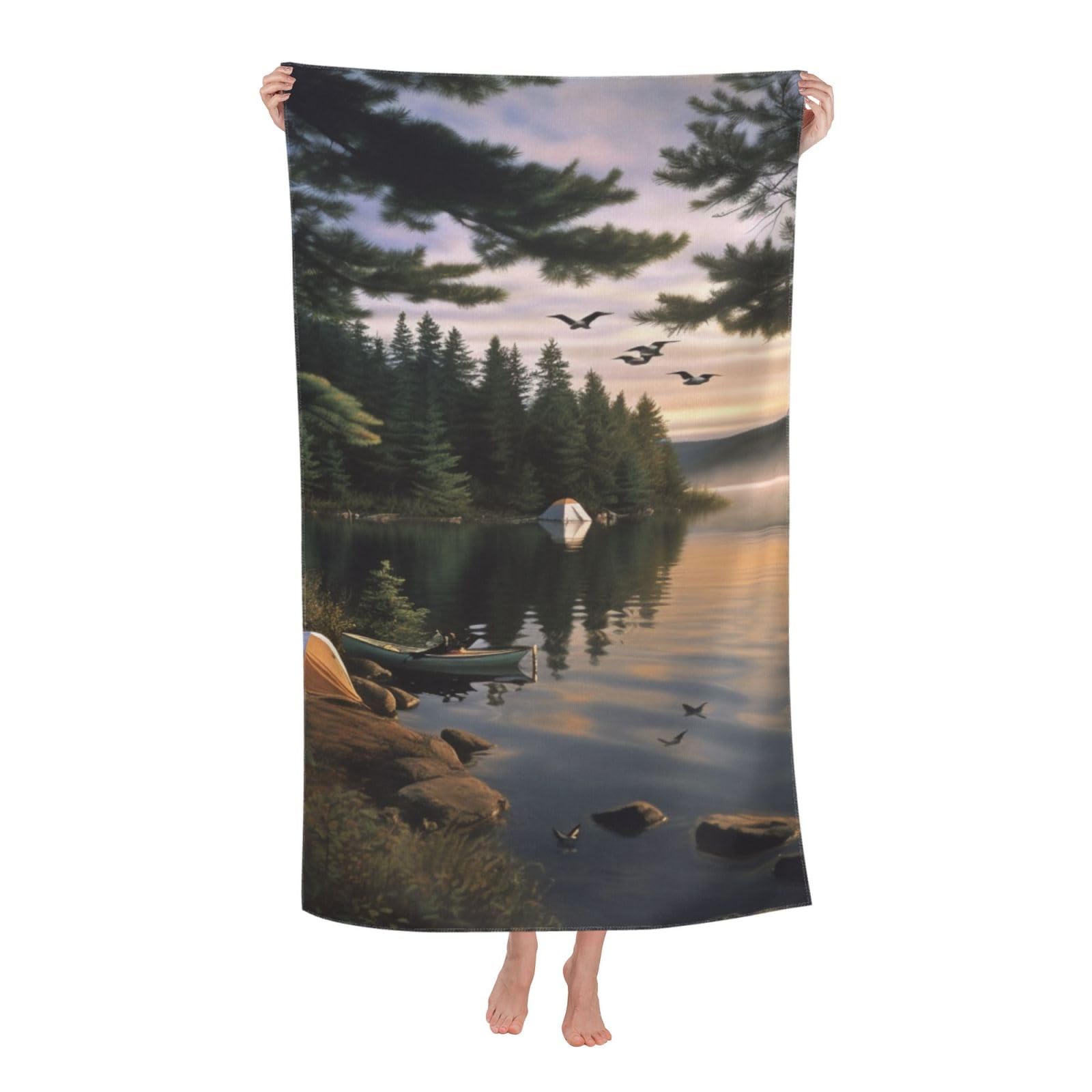 BWWHCCTI Camping Lake Printed Quick Dry Bath Towel, Soft Microfiber Towels Fast Drying Beach Towels for Travel,Camping,Gym,Swimming,Yoga